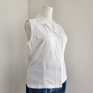 Vintage Lizsport White Cotton Sleeveless Collared Button Down Shirt Blouse L